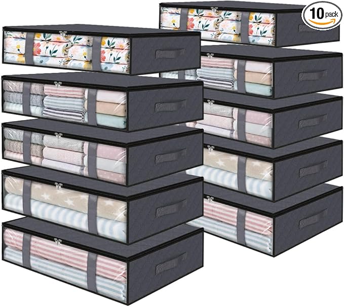 StorageRight Under Bed Storage Bins, 10-Pack 40L Foldable Fabric Storage Bags with Transparent Window, Breathable Organizer for Clothes/Blanket/Comforter/Quilt, Grey