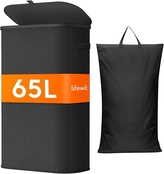 Lifewit 65L Slim Laundry Basket with Lid, Narrow Large Laundry Hamper with Plastic Handles and Removable Bag, Tall Foldable Dirty Clothes Hampers for Laundry Room, Bedroom, Bathroom, Dorm, Black