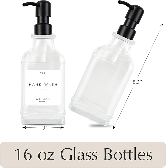 Emerson Essentials Glass Soap Dispenser Set – 16 oz 2-Pack – Refillable Dish & Hand Soap Dispensers for Kitchen or Bathroom – Stainless Steel Pump & 5 Waterproof Labels