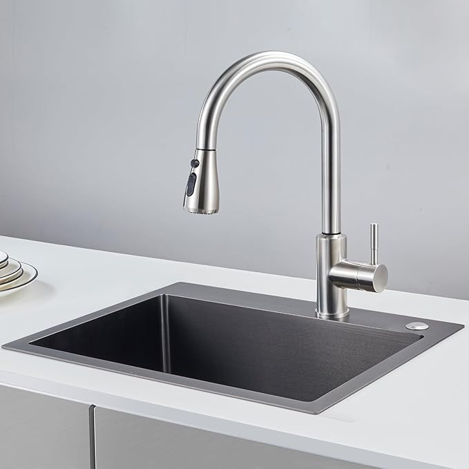 22x18 Inch Drop in Kitchen Sink, Handmade 304 Black Stainless Steel Sink, 9" Deep Single Bowl, Topmount with 2 Holes, R10 Tight Corner, for Modern Kitchen/RV/Bar Sink