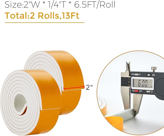 13 Feet Weather Stripping Door Seal, 2" Wide X 1/4" Thick Door Seal Strip High Density Foam Tape Adhesive Strip for Door Soundproofing,Window Insulation (2" x 1/4" x 13FT,White)
