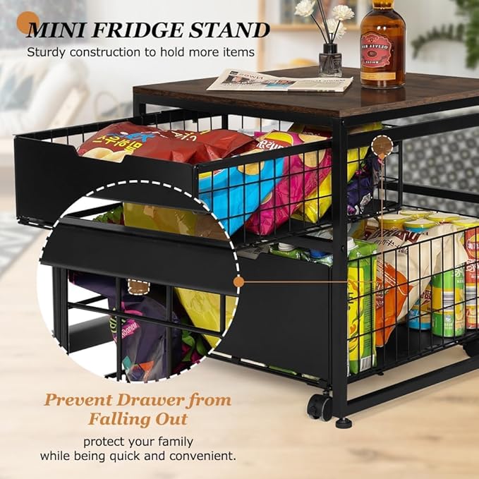 Mini Fridge Stand with Storage Drawer, 21.7”x21.7” Heavy Duty Mini Fridge Table with Wheels, Rolling Beverage Cart with Basket for Home, Office, Bedroom, Brown