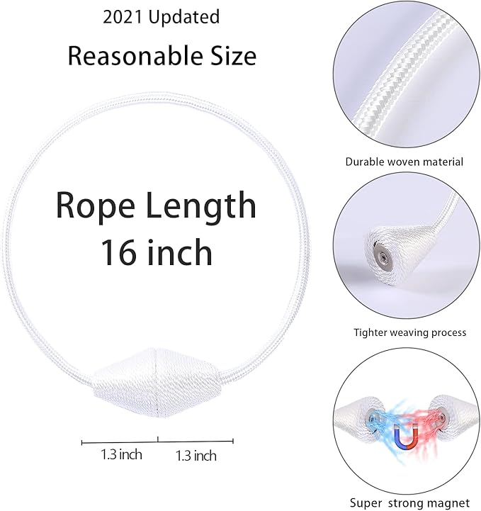 2 PCS Magnetic Curtain Tiebacks, European Style Convenient Drape Tie Backs Holdbacks for Thin or Thick Home & Office Window Draperies, No Tools Required-Wite