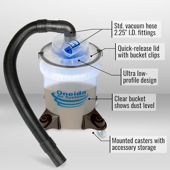 Oneida Dust Deputy Low-Pro Deluxe Lid Dust Separator Kit with Clear 5-Gallon Dust Collection Bucket, 3 ft Hose, 2.5 in Adapter, & Mounted Casters for Shop Wet Dry Vacuums - Made in USA