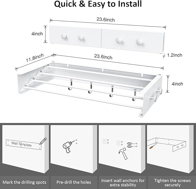 Drying Rack Clothing,Clothes Drying Rack Wall Mounted,Laundry Drying Rack Wall Mount,Foldable,Collapsible,60 lb Capacity 4 Aluminium Poles with 8 Hooks,Space Saving Clothes Drying Rack,White 23.6"