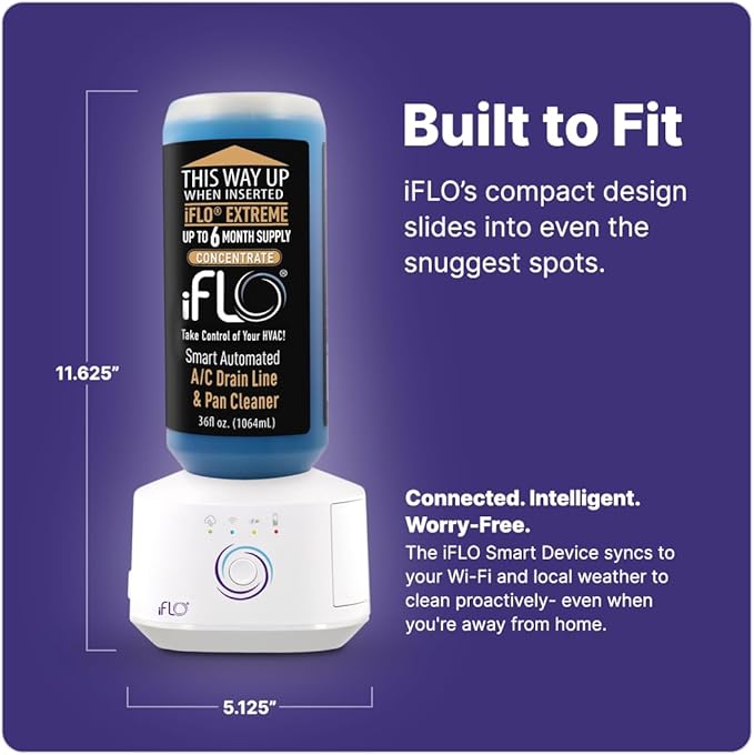 iFLO® Smart A/C Drain Line Cleaner and Drain Pan Cleaner Cartridge Concentrate, Fast-Acting, Long-Lasting HVAC System Solution for Tough Clogs & Buildup, 6-Month Supply per Bottle, 2 Pack of 36oz