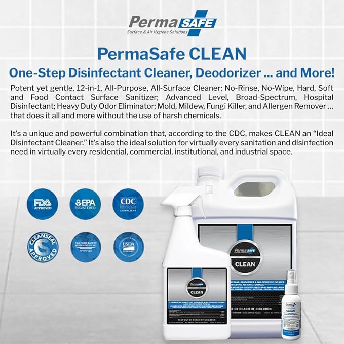 PermaSafe CLEAN, All-Purpose Hospital Disinfectant Cleaner; No Rinse, Hard, Soft & Food Contact Surface Sanitizer; Mold, Mildew and Fungi Killer; Odor Eliminator; Allergen Remover & More-3 Fl Oz-2 Pk