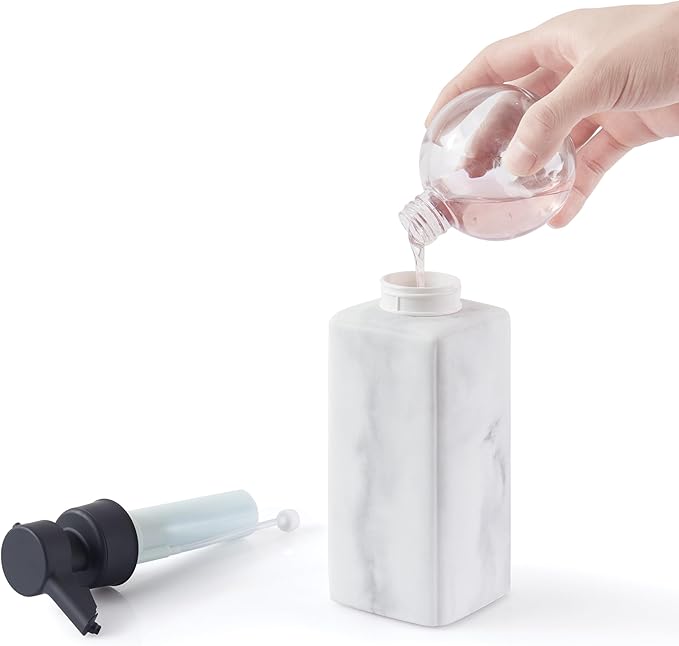 DKNY Hands Free Automatic Liquid Soap Dispenser, Refillable, Rechargeable Touchless Sensor Pump, Elegant Faux Marble Finish, 100% Resin, 1 Piece, 8.6" x 3", White