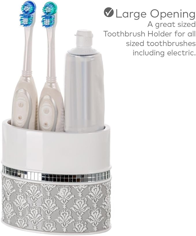 Creative Scents Mirror Damask Bathroom Accessory Set Complete - Decorative 4 Piece White and Gray Bathroom Set Includes: Soap Dispenser, Soap Dish, Toothbrush Holder and Tumbler