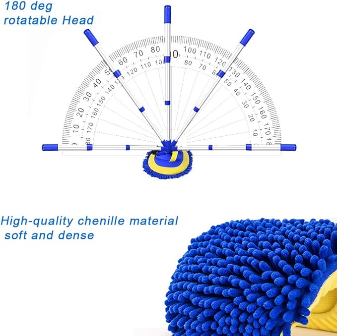 47" Car Wash Brush Kit Mitt Mop Sponge with Long Handle Chenille Microfiber Car Cleaning Brush Kit Duster Washing Car Tools Accessories, 1 Chenille Scratch-Free Replacement Head Aluminum Alloy Pole