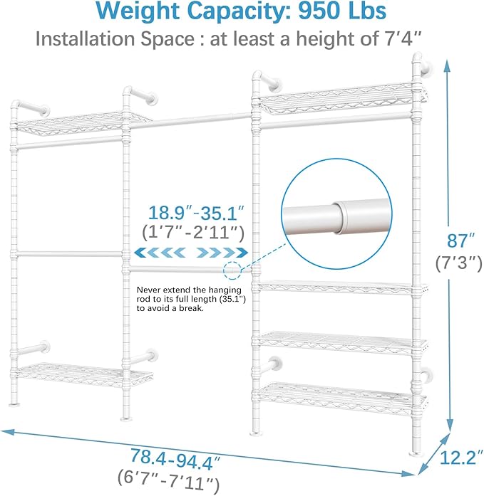 Timate F3 Garment Rack Heavy Duty Clothes Rack for Hanging Clothes, Expandable Industrial Pipe Wall Mounted Clothing Rack, Adjustable Storage Closet Wardrobe Closet Kit Walk in Closet Systems, White