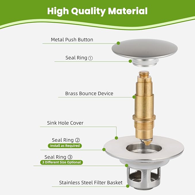 Universal 2PCS Bathroom Sink Stopper 2 in 1 Pop Up Metal Sink Drain Strainer with Hair Catcher, Fit for 1.1~2.36" Sink Basin Hole, Big Cover Cap, Anti-clog, Brushed Nickel
