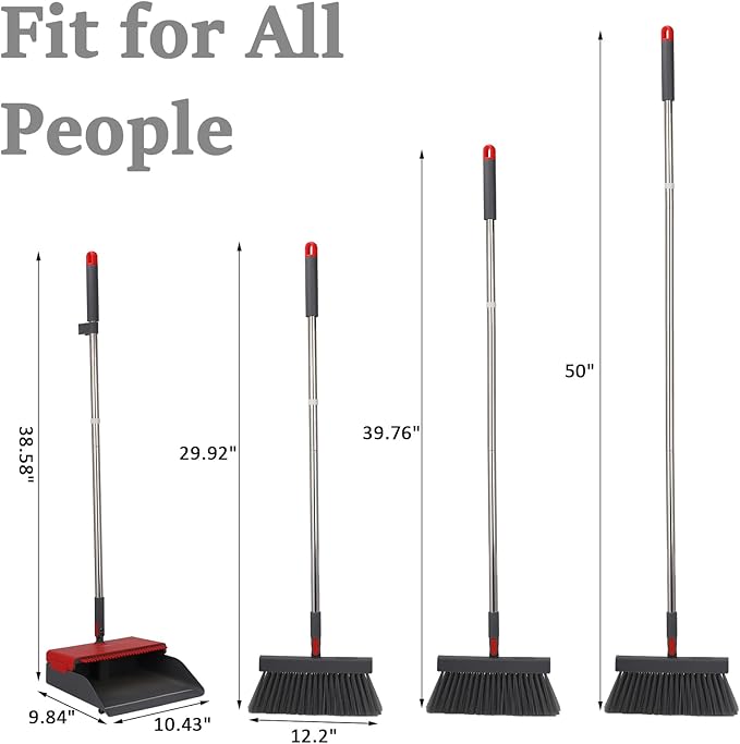 Broom with Dustpan Combo Set 50” Adjustable Long Handle 180 Degree Rotating Broom Set with Comb Teeth Upright Standing Dust Pan for Home Room Kitchen