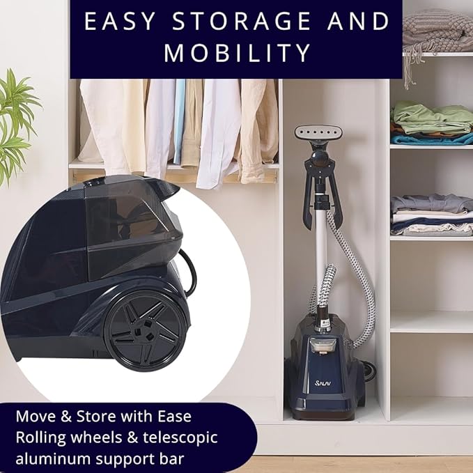 SALAV® Heavy Duty Smart Auto Shut-off Commercial Full-Size Garment Steamer, Beeping Alert when Water Runs out, Foot Pedal Control, XL 3L (101.5 oz) Tank, 1800 watts, 90+min of Continuous Steam, Navy