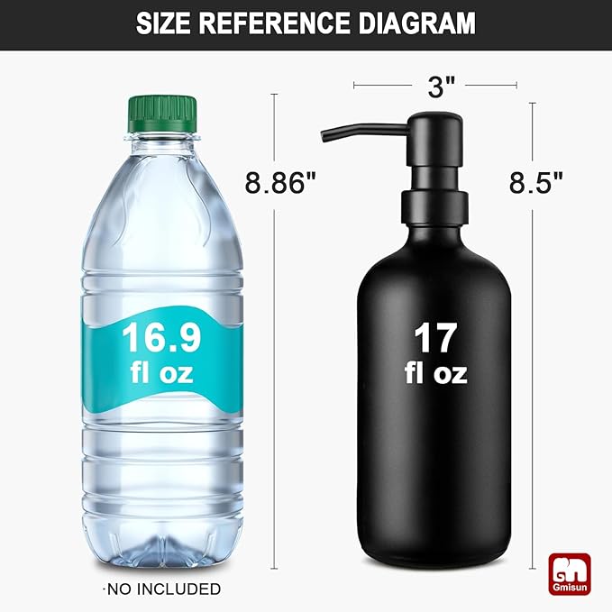 GMISUN Black Soap Dispenser, 2 Pack Matte Black Hand Soap Dispensers Bathroom with Stainless Steel Pump, 17 Fl Oz Glass Dish Soap Dispenser Set for Kitchen, Modern Liquid Soap Bottle with Labels