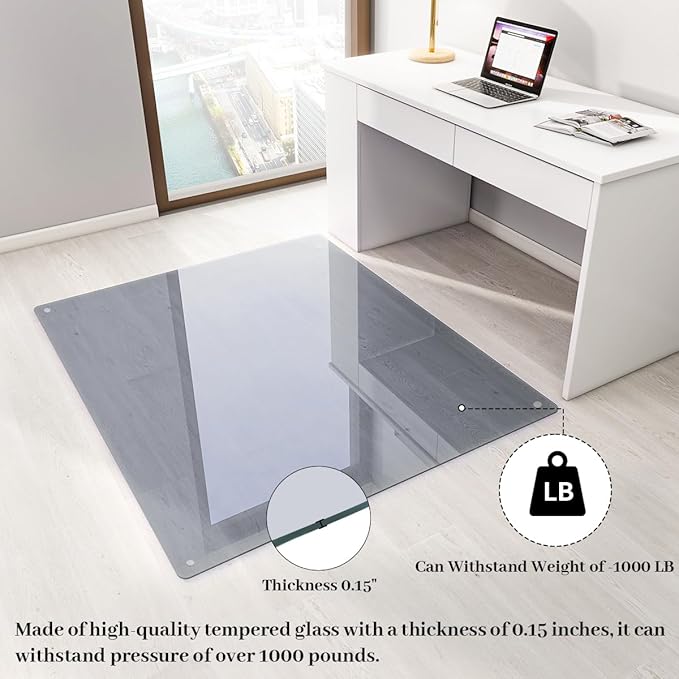 Tempered Glass Floor Mat for Office Chair, 36" x 46" Heavy Duty Hard Office Chair Mat, for Carpeted or Hard Floor, with 4 Anti-Slip Pads, Grey