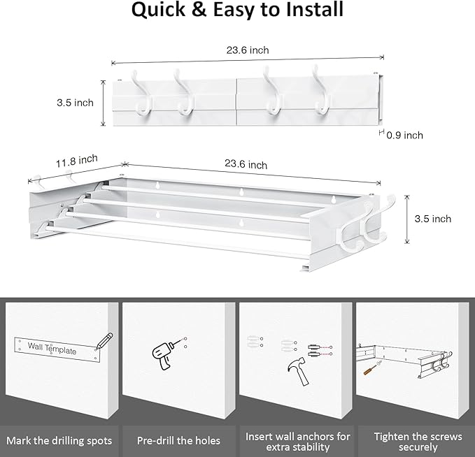 Laundry Drying Rack, Collapsible Wall Mounted Clothes Drying Rack - Foldable,Space Saving, 13.2 Linear Ft, 4 Aluminum Rods, 60 lb Capacity (White, 23.6" Wide)