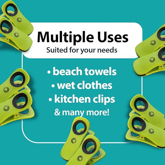 CoreClips Towel Clips for Beach Chairs - Set of 4 Pool Towel Holder Clips for Lounge Chairs on Cruise, Large 2.5” Opening Heavy Duty Clip for Towels on Boat Loungers with Travel Pouch - Green