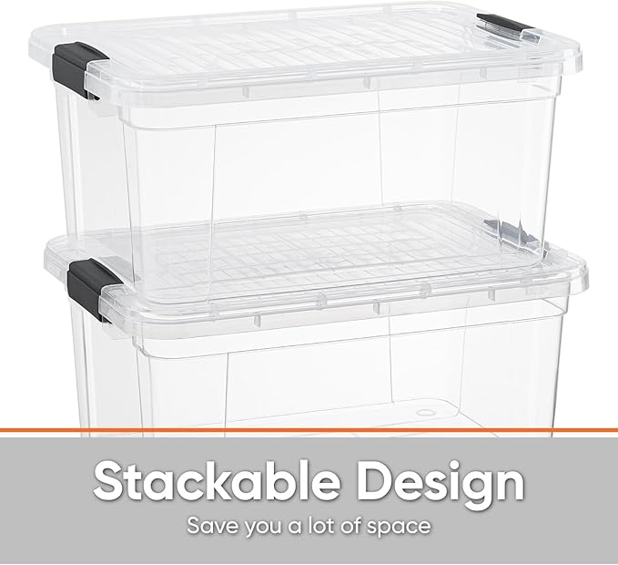 Superio Storage Bins with Lids - Clear Boxes for Organizing, Stackable Plastic Containers - BPA Free, Non-Toxic, Odor Free, Organizer for Home, Office, Dorm(4 Pack, 11 Qt)