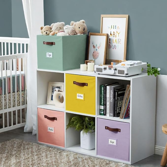 DECOMOMO Storage Bins, Cube Storage Bin with Labels, Fabric Storage Cubes for Shelves (10.5" x 11" / 6pcs, Rainbow)