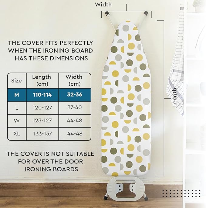 Encasa XO Ironing Board Cover and Pad 42"x14" - Thick 3mm Felt Padding, Drawstring Tightening & Lock, Easy Fit, Scorch & Stain Resistant, Fits Medium Ironing Board - White Tiles