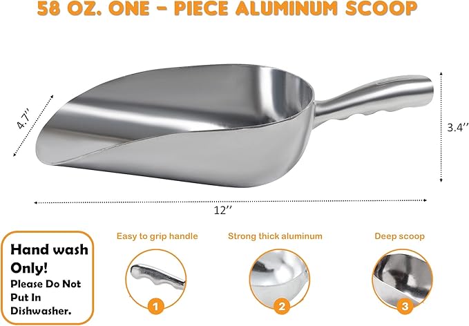 Cast Aluminum Utility Scoop - 58 oz. - Round Bottom, ice scoop For Multi-Purpose Use, With Finger Groove Handle (58 oz.)