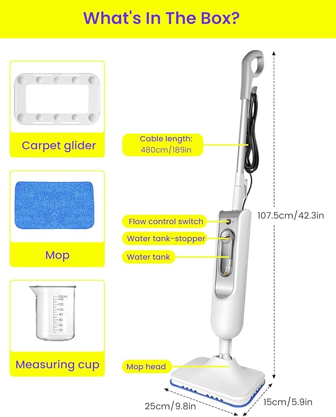 Steam Mop for Floor Cleaning, Effortless Ergonomic Design Floor Steamer for Hardwood and Tile, Adjustable Steam Modes, 1500W High Power, 16.4ft Cord, 400Ml XL Tank, 2 Washable Pad