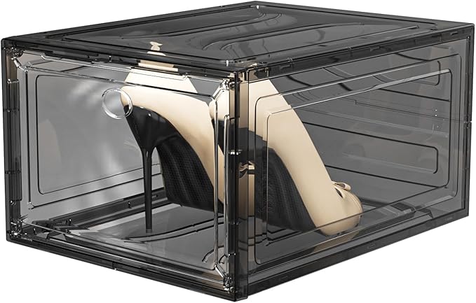 Upgrade Harder Solid Plastic Shoe Organizer with Magnetic Front Door, 12 Pack Shoe Boxes Clear Stackable, Sneaker Storage for Closet, Shoe Display Case, Black
