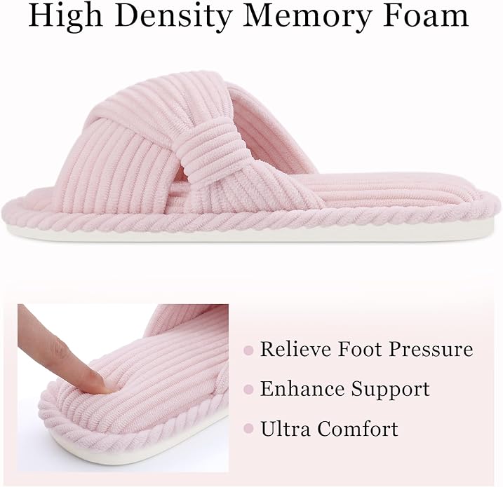 Evshine Summer House Slippers for Women Corduroy Cross Bow Indoor Slippers Open Toe Slip On Bedroom Shoes with Memory Foam