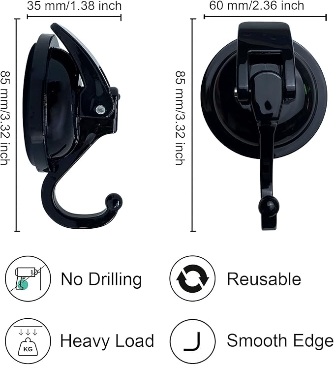 Heavy Duty Vacuum Shower Hooks - Glass Suction Cup Hooks, Reusable, No Hole Punched, for Bathroom Robe and Garland Decoration (Black, 2 Pack)