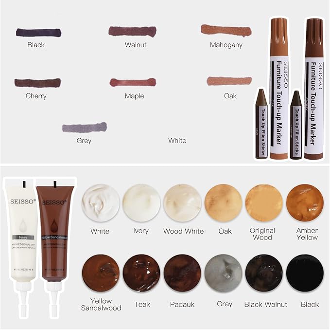 SEISSO Wood Furniture Repair Kit, 42 Pcs Wood Filler and Touch Up Markers with Wax Sticks, Vinyl Floor Repair Kit for Scratches, Cracks, Holes, Discoloration for Door, Stain, Floor, Table, Cabinet