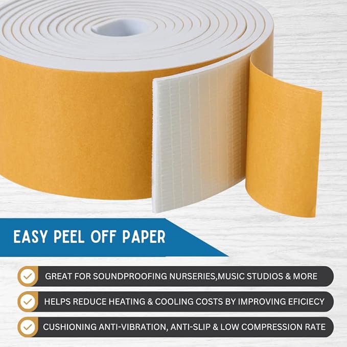 High Density Foam Weather Stripping Door Seal Strip Insulation Tape Roll for Insulating Door Frame, Window, Air Conditioner | Self Adhesive Sealing Weatherstrip (4 in x 1/8 in x 10 Ft, White)