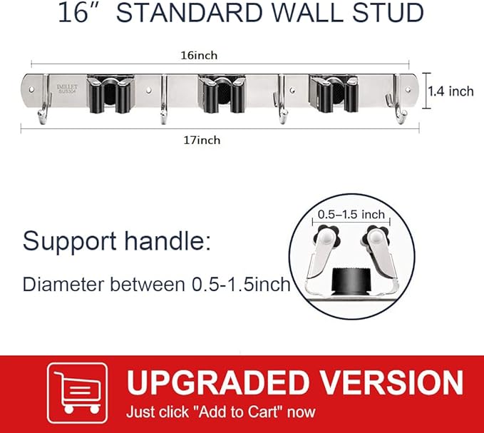 IMILLET Broom Holder Wall Mounted, Stainless Steel Broom and Mop Holder Self Adhesive Broom Organizer Heavy Duty Hooks Storage Organizer for Home Laundry Room Garden Garage Closet Kitchen (1 Pack)