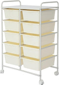 Rolling Cart with 10 Drawers, Plastic Drawer Cart with Metal Frame, Multipurpose Art Craft Cart Organizer with Wheels, Utility Cart with Drawers for Home, Office, School, White