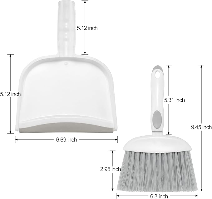 NACENA Small Dust Pan and Brush Set, Mini Broom and Dustpan Set Small Hand Broom and Brush Combo Dust Pan with Teeth for Home Cleaning Drawers Desktop Sofas Pet Care and Outdoor, White & Gray