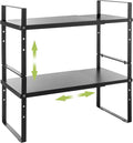Expandable Cabinet Shelf Organizer Rack, Stackable Kitchen Counter Storage Shelves Stand, Adjustable Height Pantry Shelf Spice Rack (Black, 2 Pack)