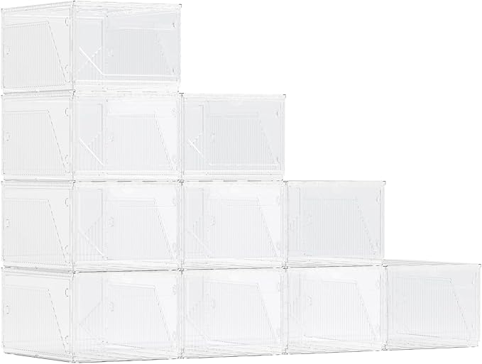 10 Pack Upgraded XX-Large Storage Organizer with Magnetic Door, New structure is more stable, Thicken & Sturdy Clear Stackable Interconnectable Shoe Box for Entryway, Closet, Under Bed