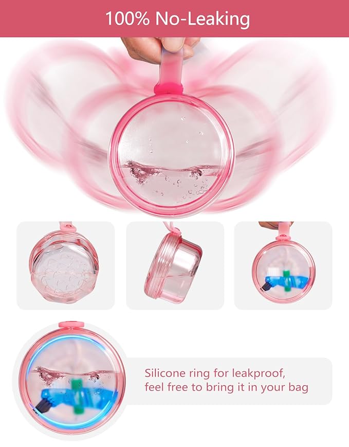 No Leak & Non-Slip Partial Denture Case Retainer Bath Box Cup, Denture Soaking Cup False Teeth Holder Box Case with Strainer Basket and Brush,Dishwasher safe - Transparent Pink