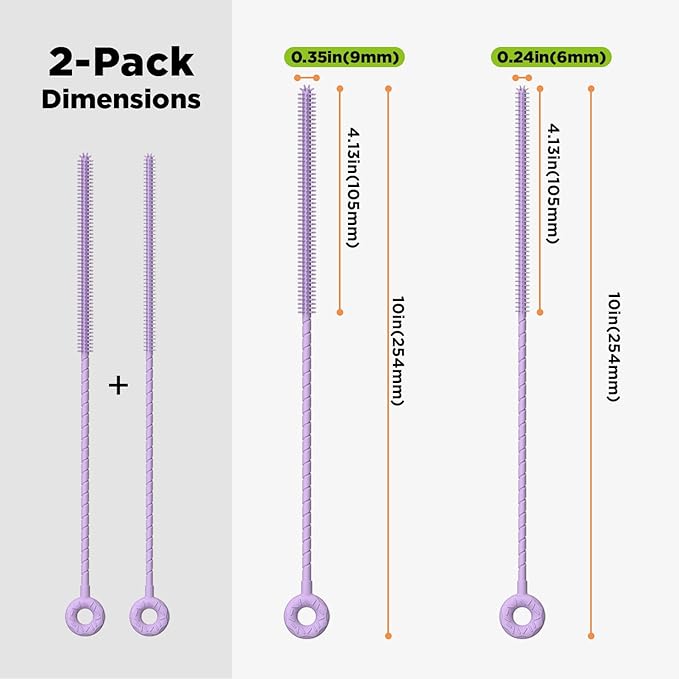 2 Pcs Silicone Straw Cleaner Brush, Extra Long Cleaning Brushes for Straws, 6mm&9mm, Purple