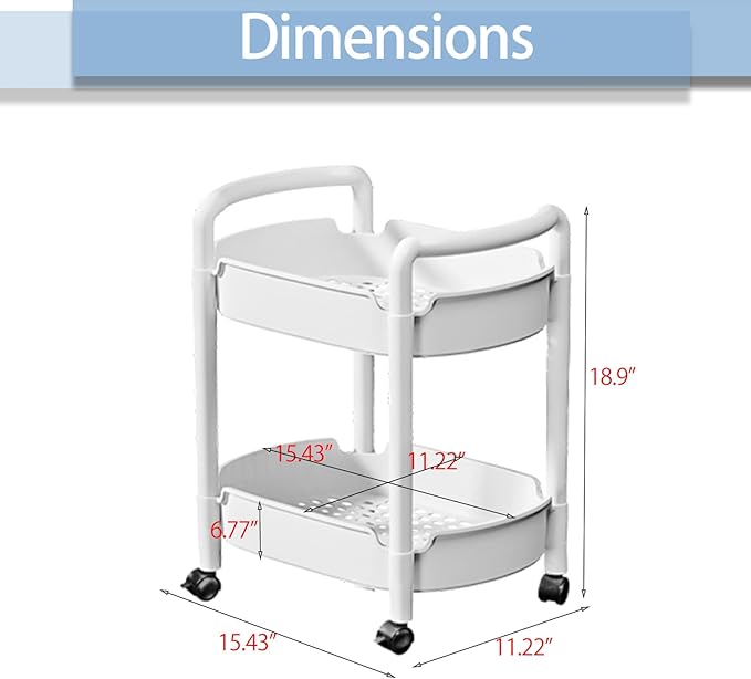 2-Tier Plastic Rolling Utility Cart with Handle Tower Rack Snack Cart with Wheels Multi-Functional Storage Trolley for Kitchen Bathroom Laundry Home Office Living Room Organization, White
