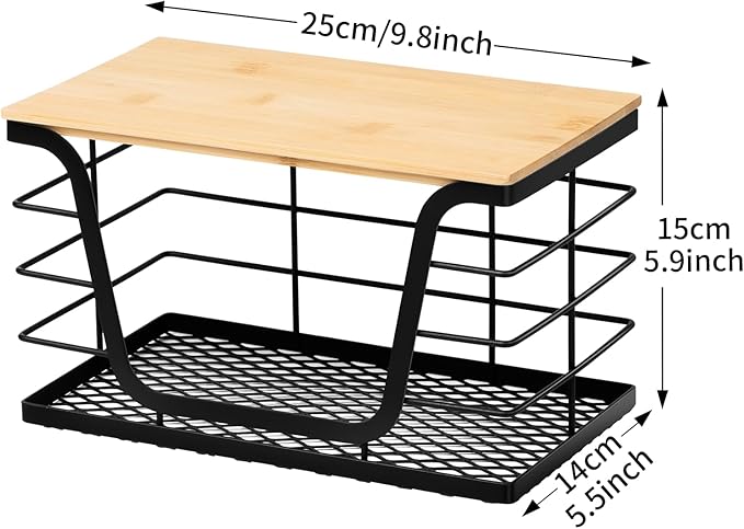 Wetheny Trash Bag Holder with Bamboo Top and Mesh Bottom, Stackable Garbage Bag Holder Dispenser Under Sink, Wall Mounted Storage for Kitchen Laundry Organizers, Black