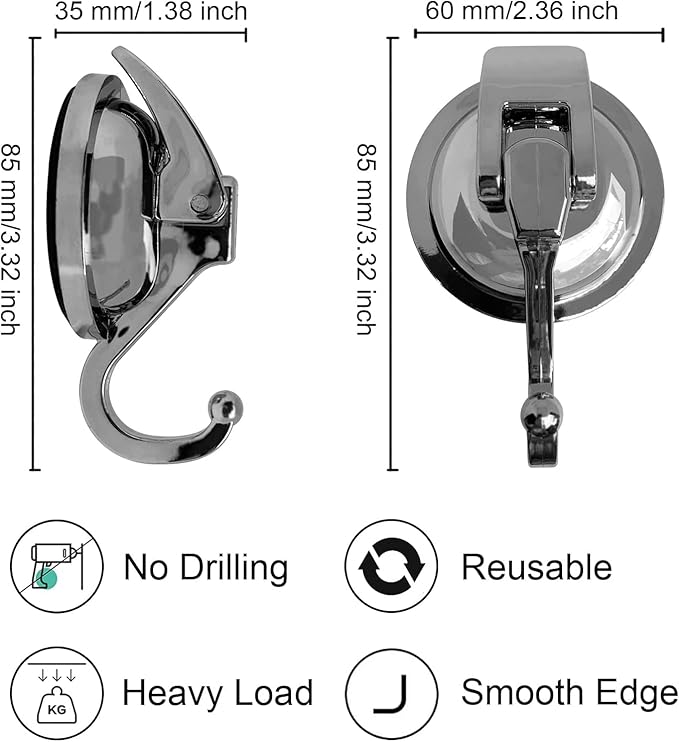 Heavy Duty Suction Cup Hooks for Shower, Bathroom Robe - Reusable, No Hole Punched, for Garland Decoration (Silver Grey, 2 Pack), XPG-TSX1