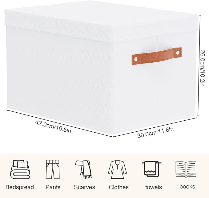 Fabric Storage Bins, Clothes Boxes for Shelves with Lids, 5 Pack Baskets for Organizing with Handles, Decorative Linen Closet Organizers, White, 16.5 x 11.8 x 10.2 Inch