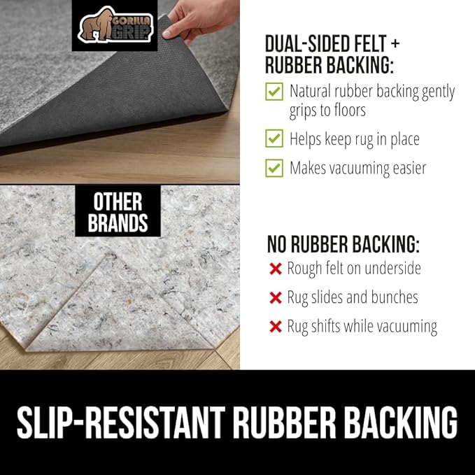 GORILLA GRIP Felt and Natural Rubber Stay in Place Slip Resistant Rug Pad, 1/4in Thick, 8x10 FT Protective Padding Under Area Rugs, Cushioned Gripper Pads, Carpet Runners, Hardwood Floors Protection
