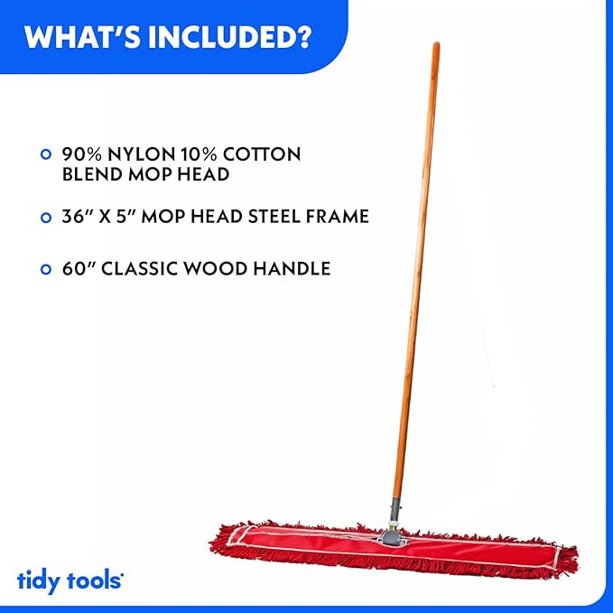 36 Inch Red Commercial Dust Mop & Floor Sweeper – Wood Handle Floor Mop for Tile, Hardwood & Concrete