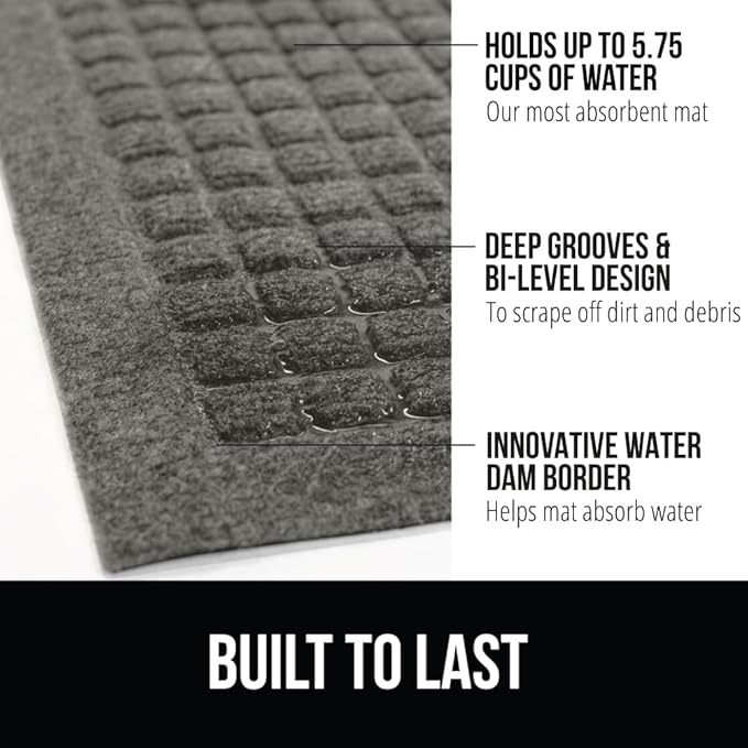 GORILLA GRIP Front Door Mat, 35x23, Indoor Outdoor Ultra Absorbent HydroAbsorb Doormat, Absorbs Up to 5.7 Cups of Water, Stain and Fade Resistant, Rubber Backing Doormats, Captures Dirt, Gray