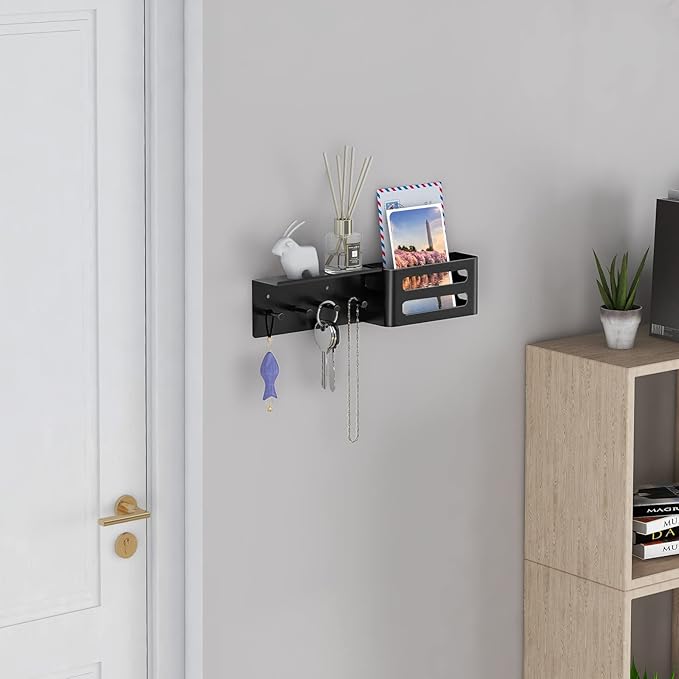 MKO Key Holder for Wall, Mail Organizer Key Rack with Tray, Key Holder Adhesive Wall Mount, 4 Hooks(Black)