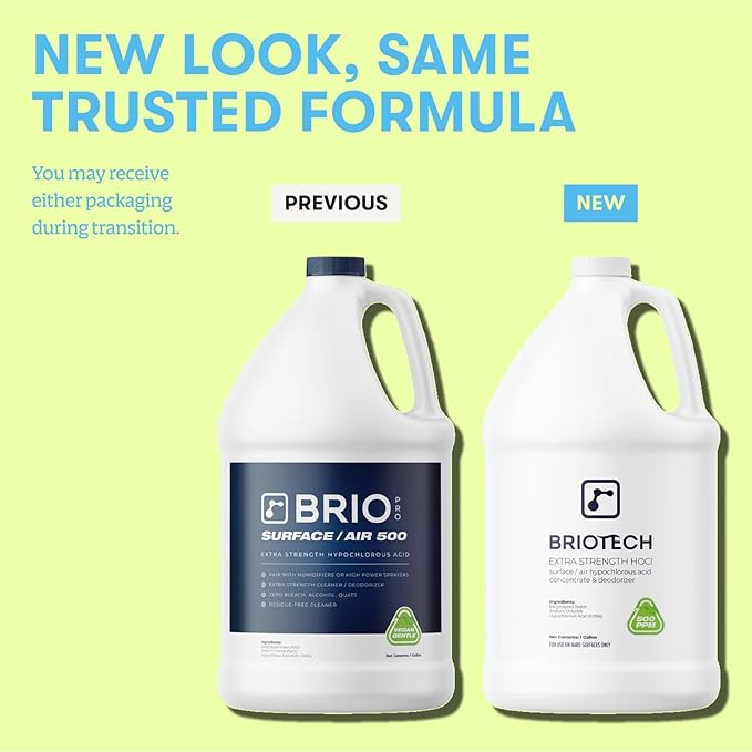 BRIOTECH Extra Strength HOCl Cleaner, 500 PPM Hypochlorous Acid Concentrate, ULV Foggers & Humidifiers, Professional Deodorizer for Dental, Offices, Schools, Homes, Peroxide Free, 32 fl oz (2 Pack)