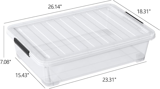 40 Quart Under Bed Plastic Storage Bins with Wheels, 3 Packs Clear Large Storage Container Box with Lids