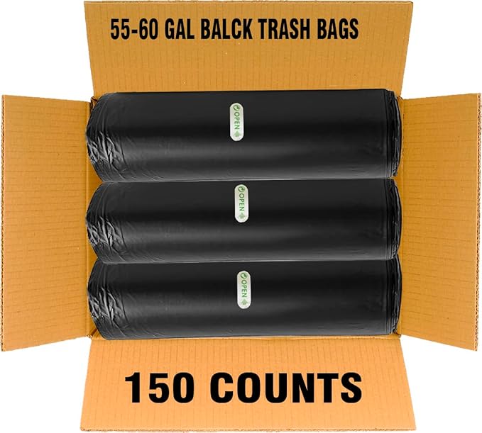55-60 Gallon Trash Bags, 150 Count Bulk, Black Heavy Duty Garbage bags, Multi-purpose Trash Can Bin Liners for Business Home Commercial, Industrial Contractors, Storage, Outdoor